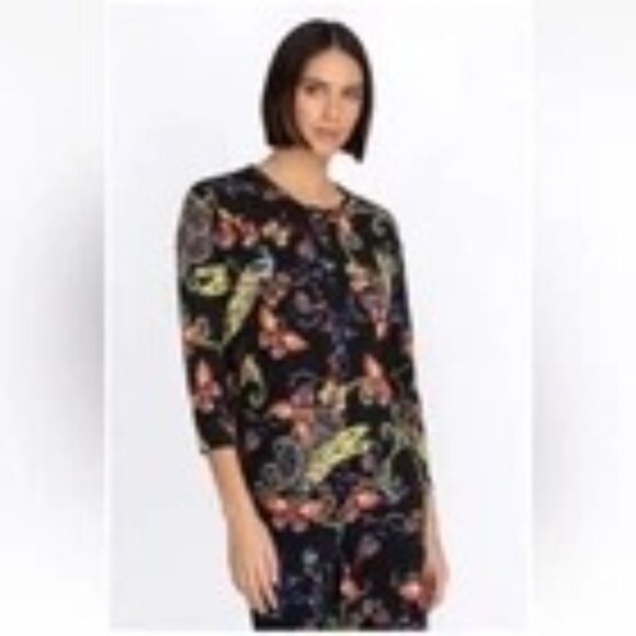 Womens Johnny Was Pottery Henley Tee Black Stretchy Knit Retail $145 3/4 Sleeves - Picture 5 of 10